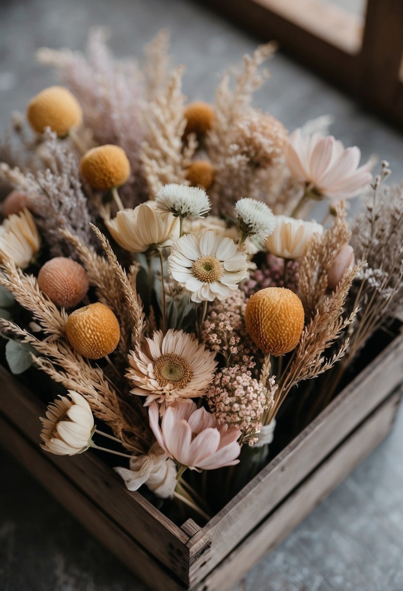 A collection of dried flowers in soft pastel shades arranged in a rustic wooden crate, ready for creating bridesmaids' wedding bouquets