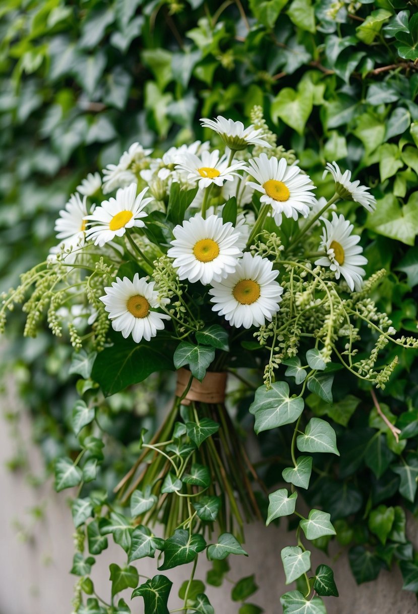 A lush bouquet of white daisies and trailing ivy, intertwined with delicate greenery, evoking a sense of fresh beginnings and natural beauty