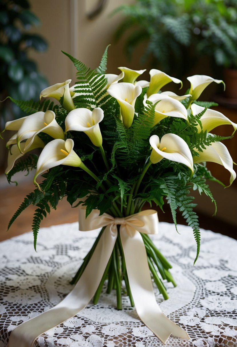 A lush bouquet of calla lilies and ferns, tied with a satin ribbon, sits on a vintage lace tablecloth