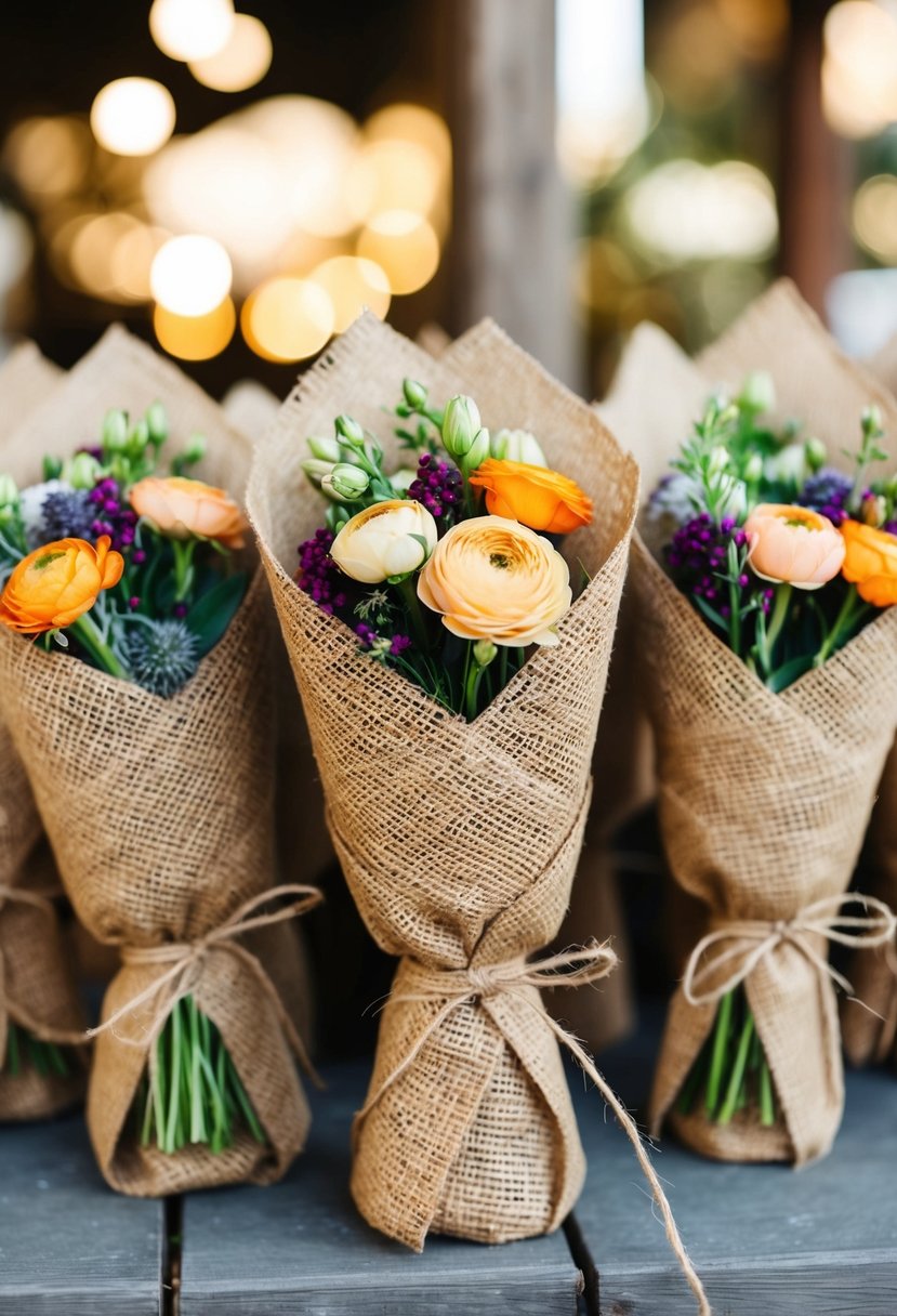 A cluster of rustic posies wrapped in burlap, tied with twine