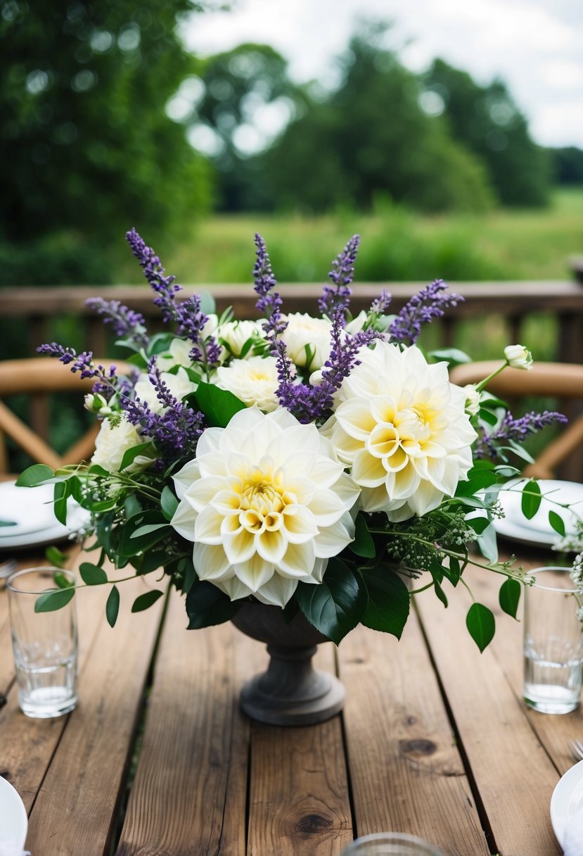 A rustic wooden table adorned with a lush white dahlia and lavender bouquet, accented with greenery