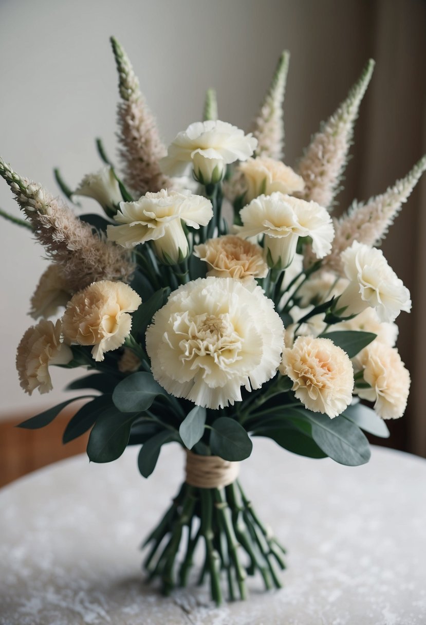 A bouquet of vintage carnations and dusty miller arranged in a delicate 1920s style, with soft, muted colors and a romantic, nostalgic feel