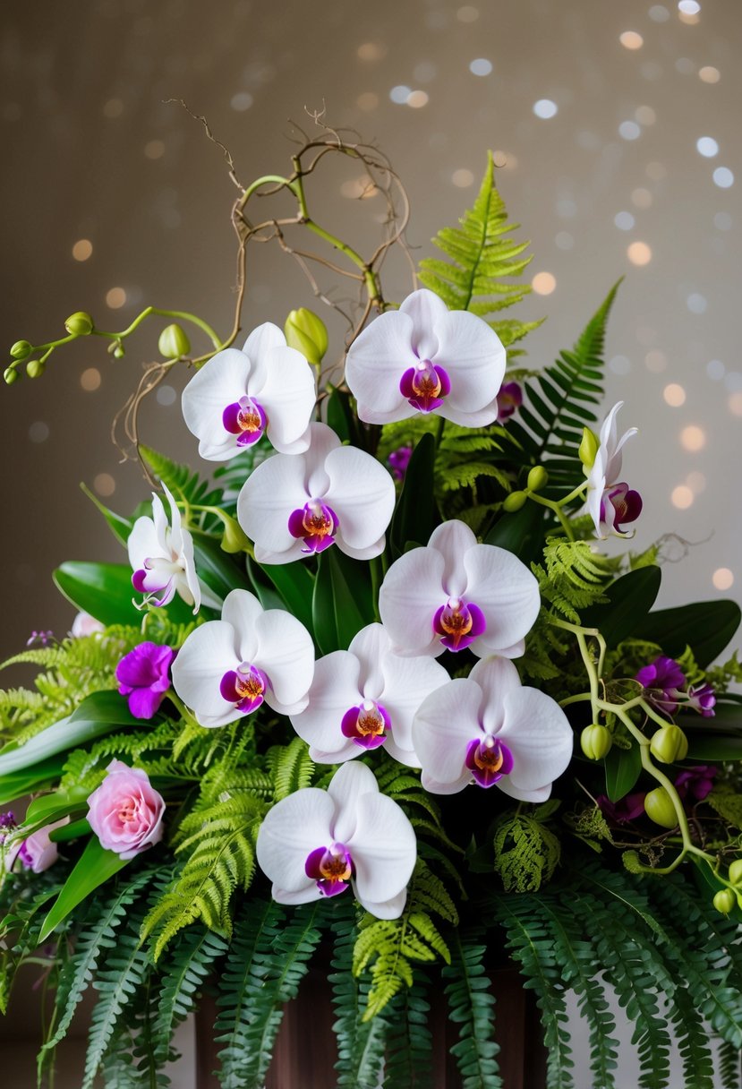 A lush bouquet of orchids and ferns, arranged in a cascading style, with delicate tendrils and vibrant blooms