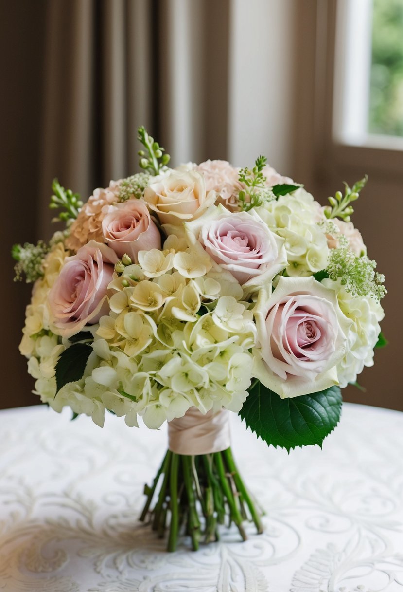 A vintage-inspired wedding bouquet with lush hydrangeas and delicate roses in a chic 1920s style