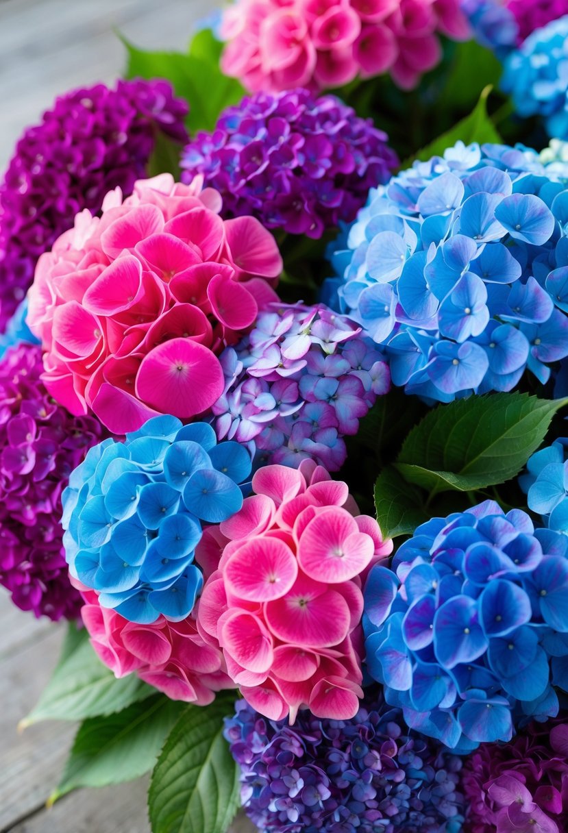 A vibrant assortment of hydrangeas in shades of pink, blue, and purple, arranged in a cascading bouquet