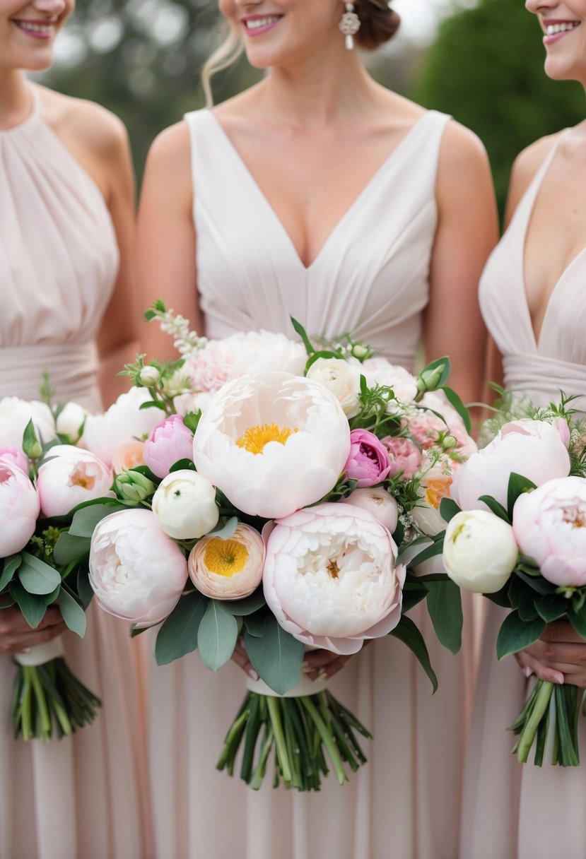 A delicate peony and ranunculus bouquet, arranged in a romantic and elegant style, perfect for bridesmaids at a wedding