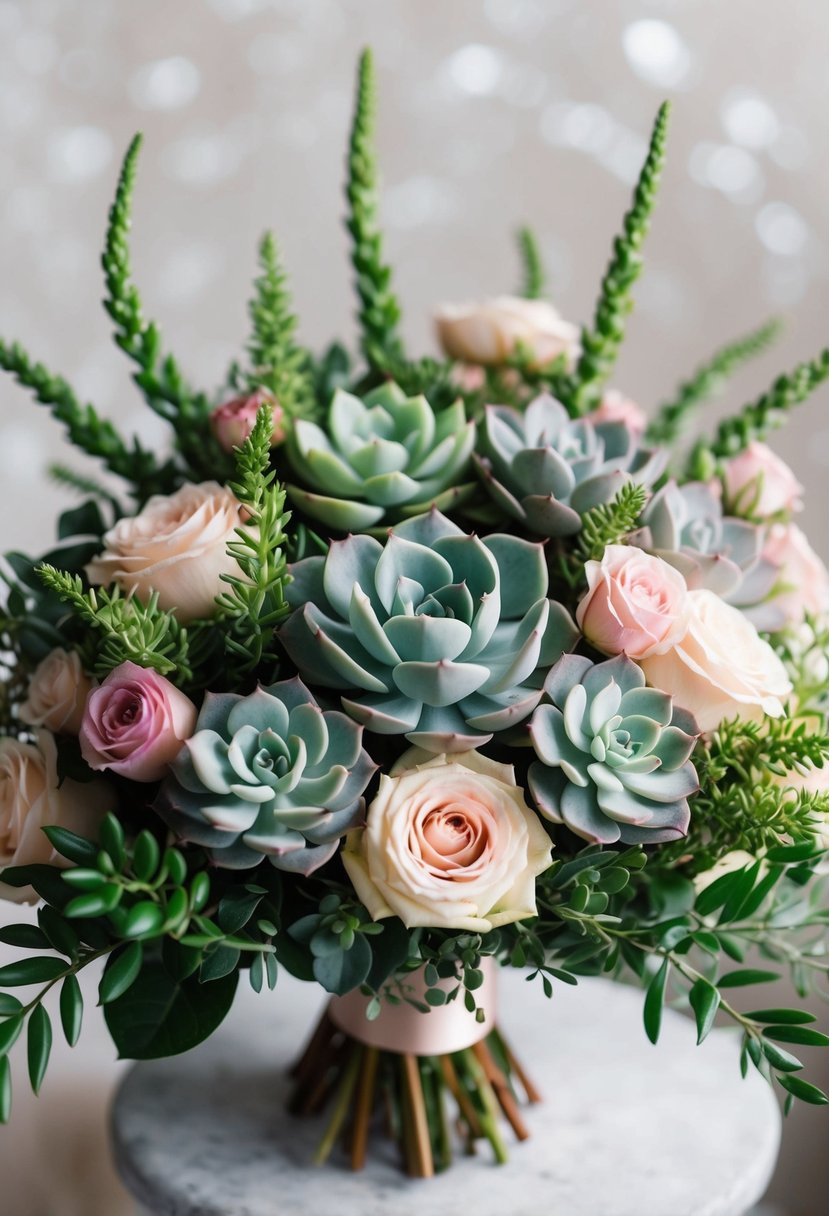 A lush bouquet of succulents and roses in soft pastel colors, arranged in a delicate and romantic style