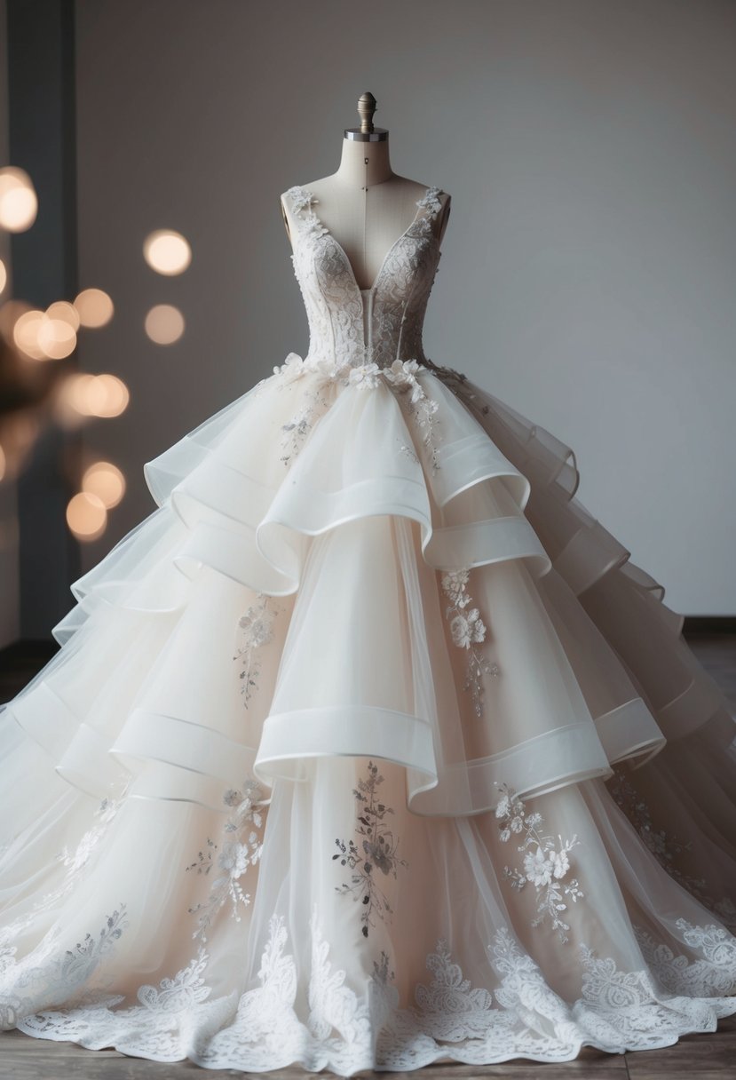 A voluminous wedding dress with layers of tulle and lace, adorned with delicate floral appliques and sparkling embellishments