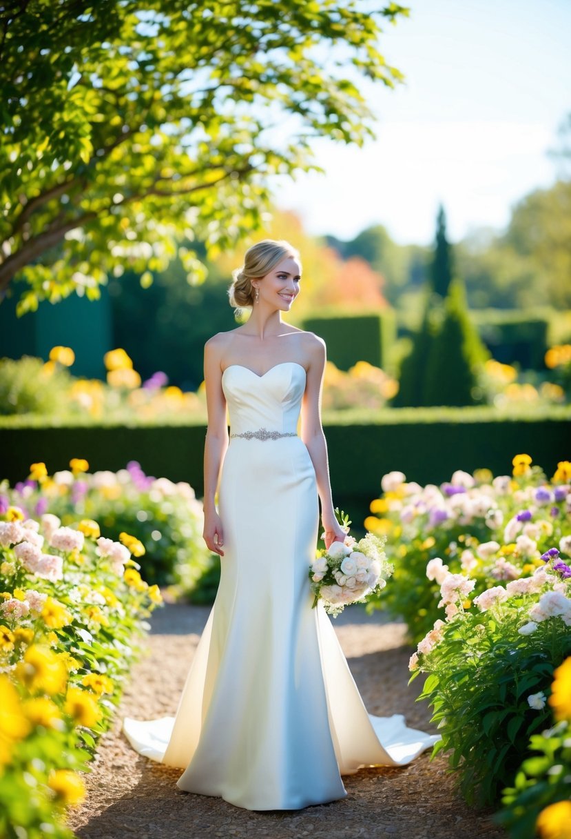 A bride stands in a strapless wedding dress, surrounded by blooming flowers in a sunlit garden