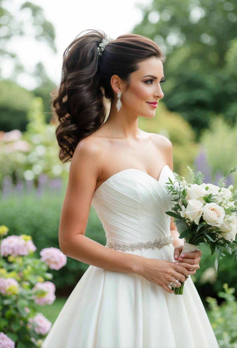 A bride with a voluminous ponytail in a strapless wedding dress, standing in a garden with flowers and greenery