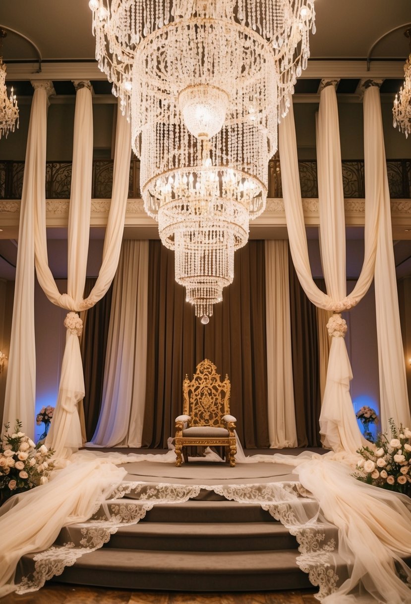 A grand ballroom with cascading chandeliers and a regal throne surrounded by flowing fabric and delicate lace