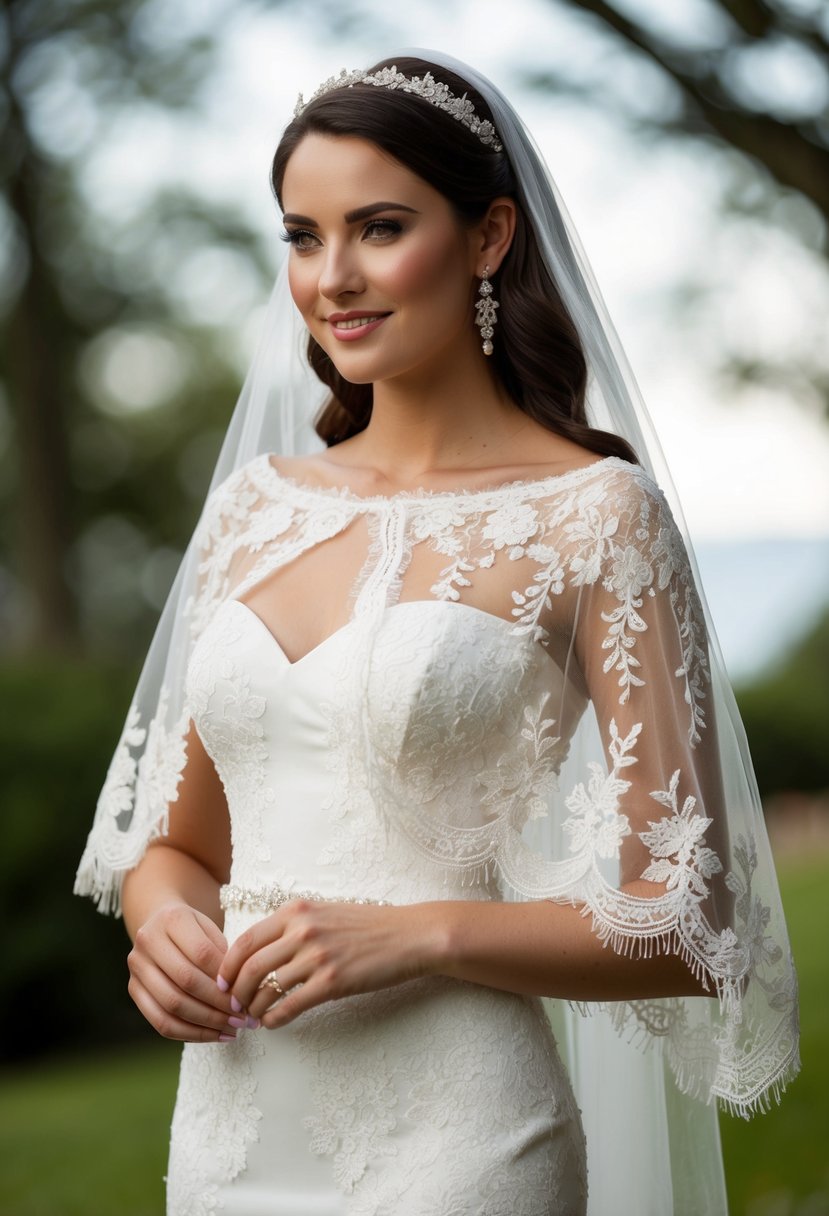 A lace cape drapes over a strapless wedding dress, adding a touch of elegance and romance to the bridal ensemble