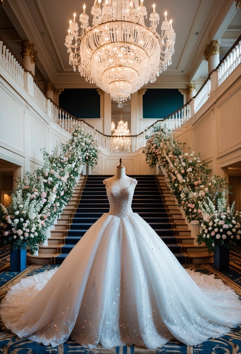 A grand ballroom with a sparkling chandelier, a sweeping staircase, and opulent floral arrangements, showcasing a Cinderella-inspired ball gown princess wedding dress