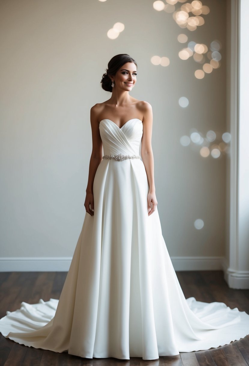 A bride stands in a strapless wedding dress with a sweetheart neckline, the fabric flowing elegantly to the floor