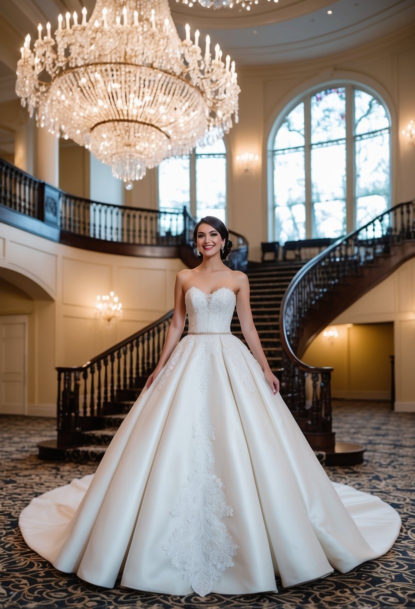 A grand ballroom with a sparkling chandelier and a sweeping staircase, showcasing a strapless wedding gown with a voluminous skirt and intricate lace detailing