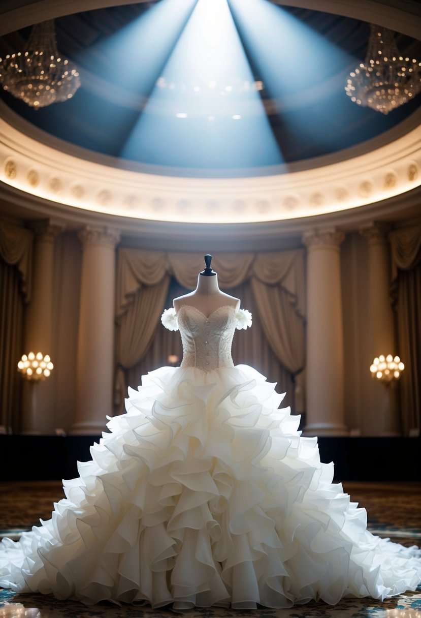 A grand ballroom with a spotlight on a cascading ruffle tier puffy wedding gown