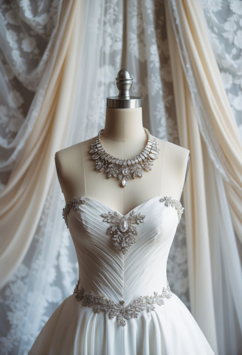 A strapless wedding dress adorned with a statement jewelry piece, set against a backdrop of elegant lace and flowing fabric