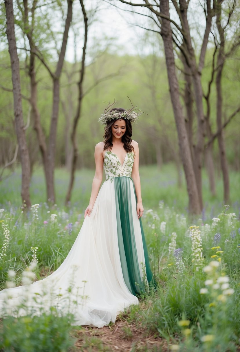 A woodland clearing with delicate wildflowers, a flowing gown in shades of white and green, and a crown of intertwined branches and blossoms