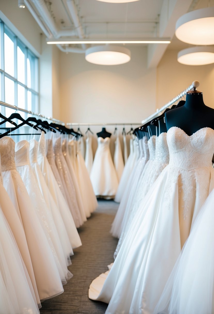 A bright, spacious bridal showroom filled with elegant strapless wedding dresses on display, arranged on mannequins or hangers for browsing