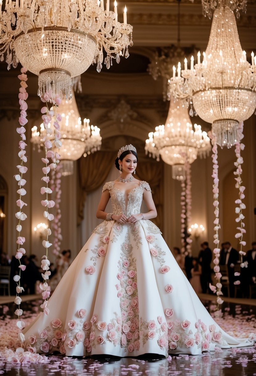 A grand ballroom with cascading rose petals and ornate chandeliers, showcasing an opulent wedding dress adorned with intricate rose embellishments