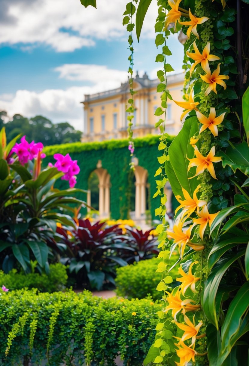 A lush garden with vibrant, tropical flowers and cascading vines, set against a backdrop of a majestic palace