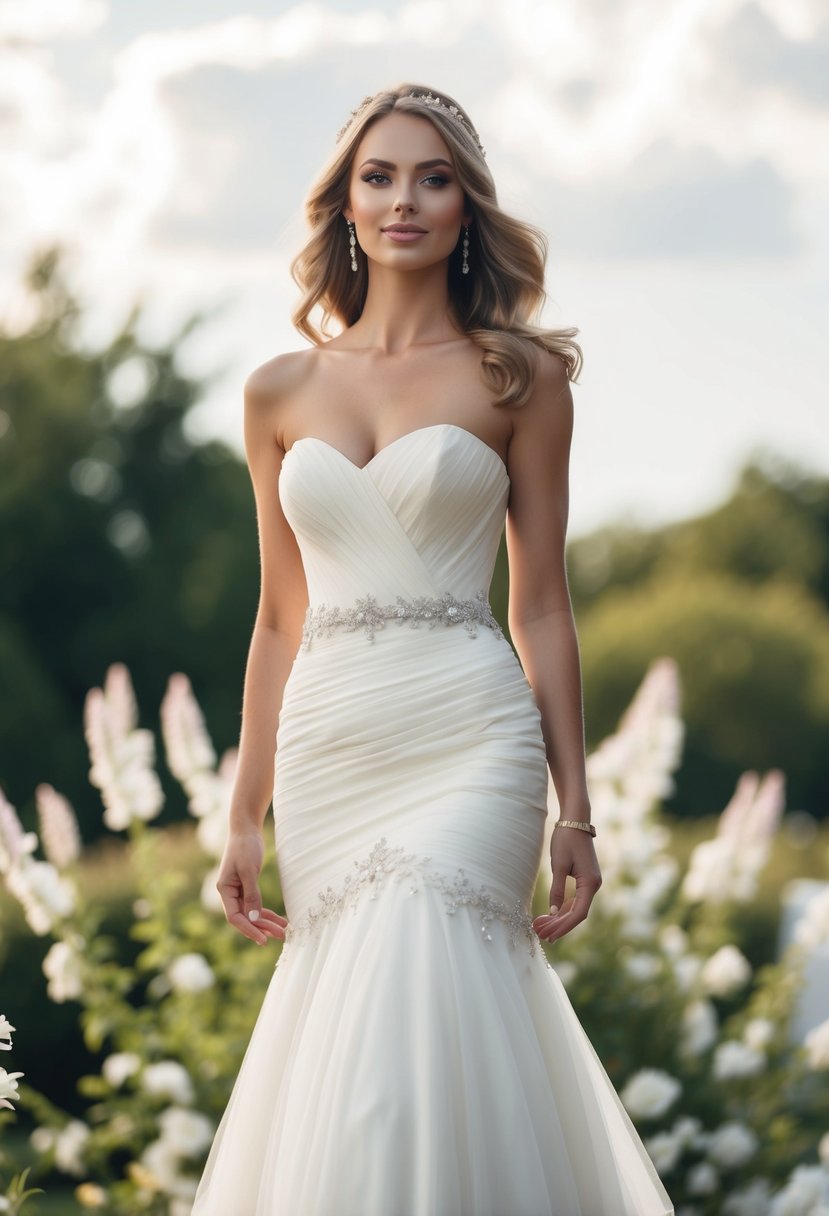 A bride stands in a strapless wedding dress with a fitted waist, surrounded by elegant lace and beading details