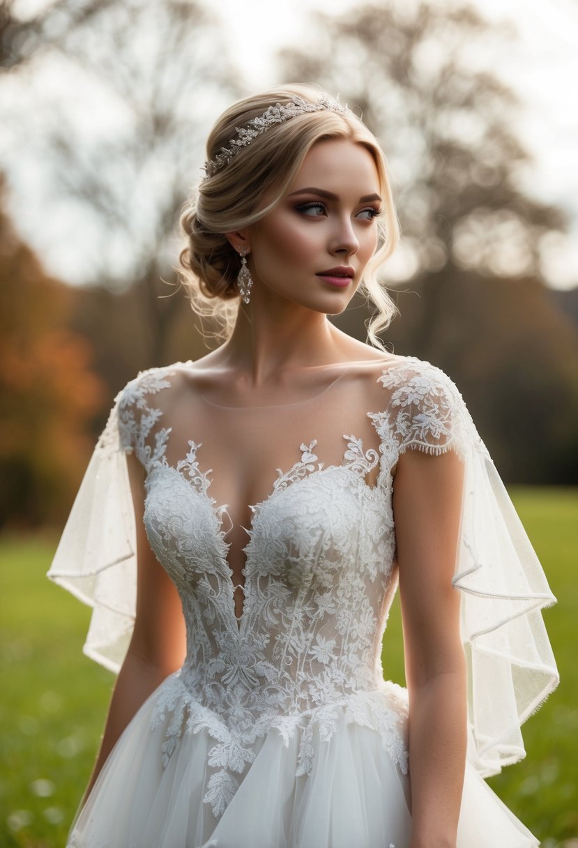 Aurora's lace princess wedding dress: soft, flowing layers, delicate lace details, ethereal and dreamy, with a touch of sparkle and shimmer