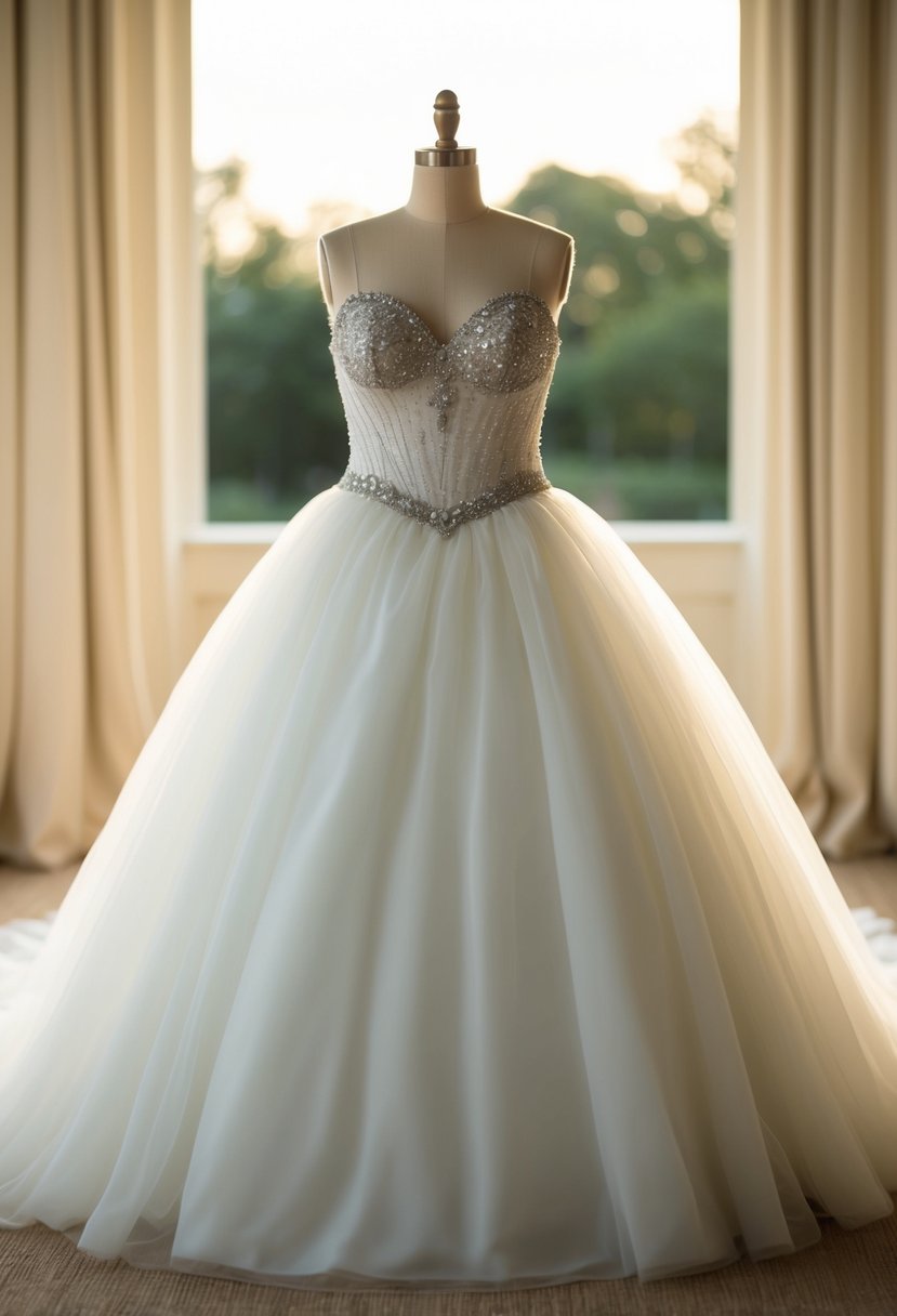 A puffy wedding dress with a beaded bodice catches the light, sparkling in a soft, romantic setting