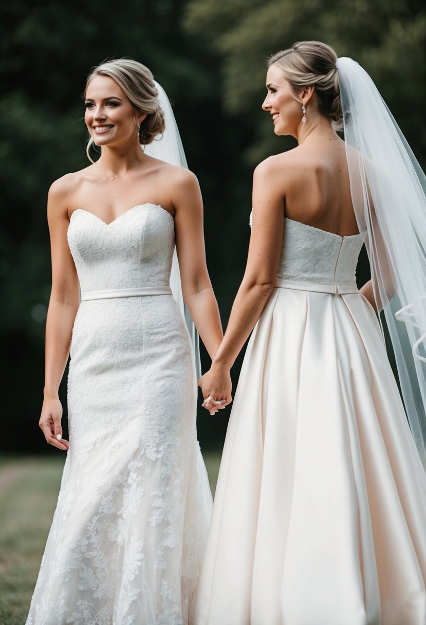 A bride and her bridesmaid stand side by side, both wearing matching strapless wedding dresses with flowing veils cascading down their backs