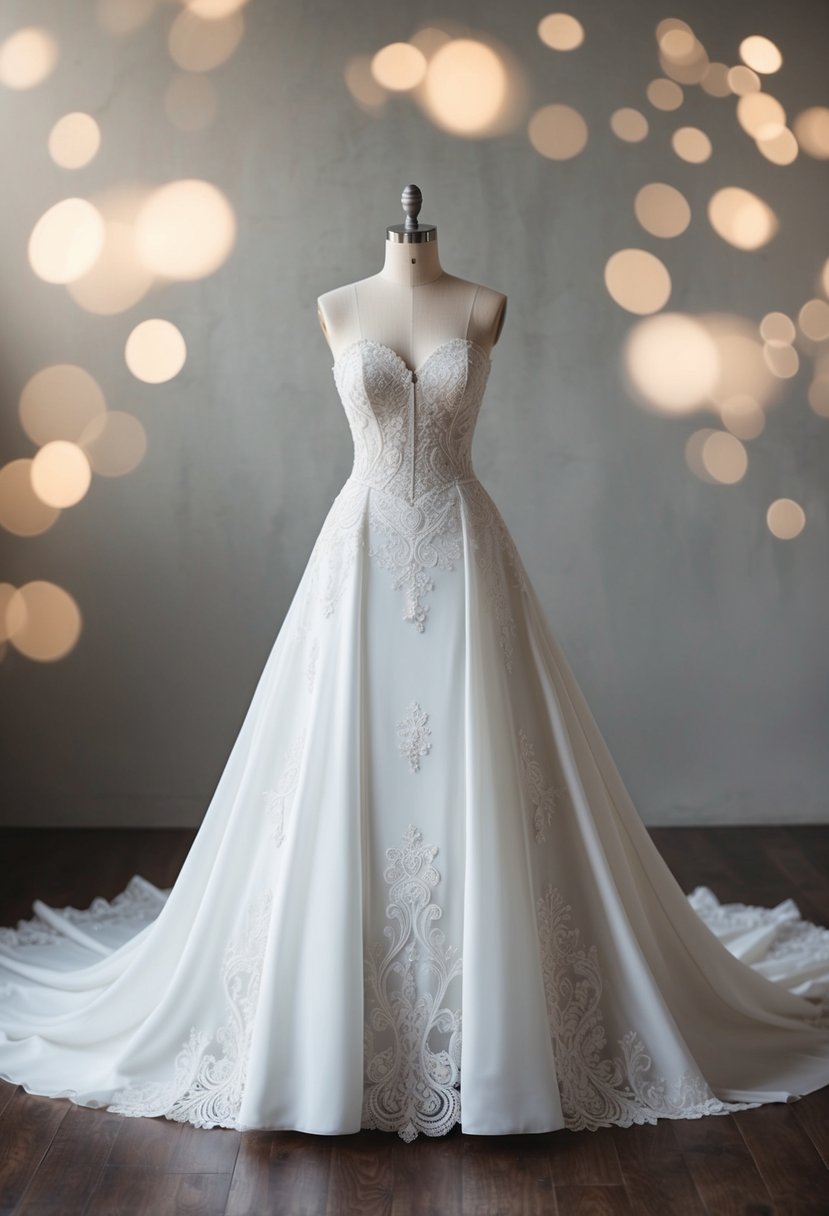 A strapless wedding dress with illusion details on the bodice, flowing fabric, and intricate lace patterns cascading down the skirt