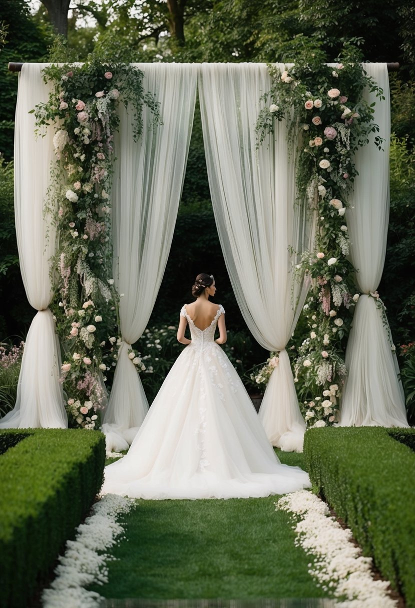 A lush garden with cascading tulle drapes and delicate floral accents, creating a romantic and ethereal atmosphere for a princess wedding dress design