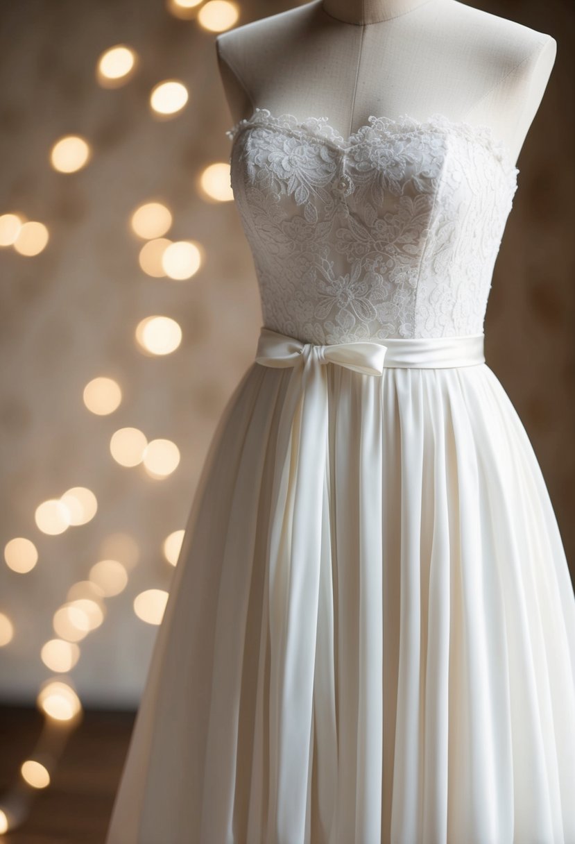 A strapless wedding dress with a delicate lace bodice and a flowing, floor-length skirt, accessorized with a thin, elegant belt tied in a bow at the waist