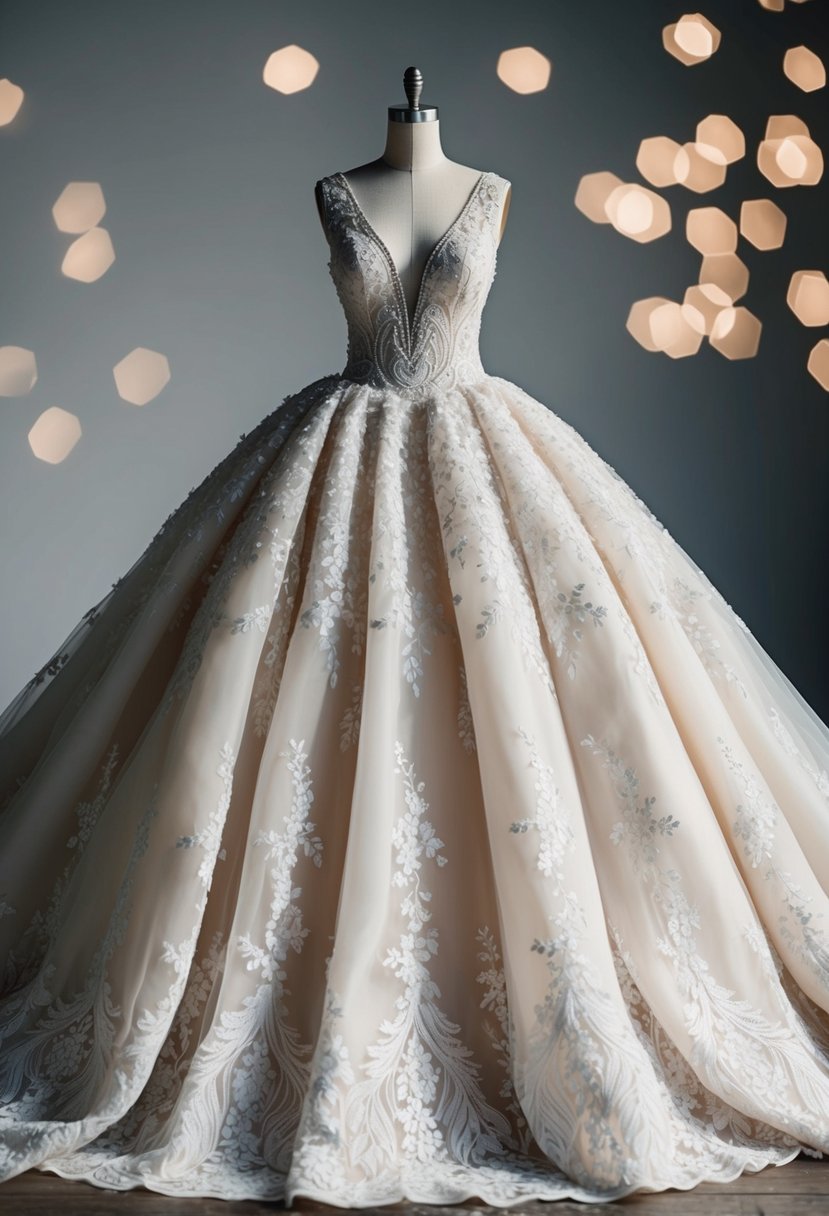 A voluminous floral-patterned wedding gown billows out from a mannequin, adorned with delicate lace and intricate beading