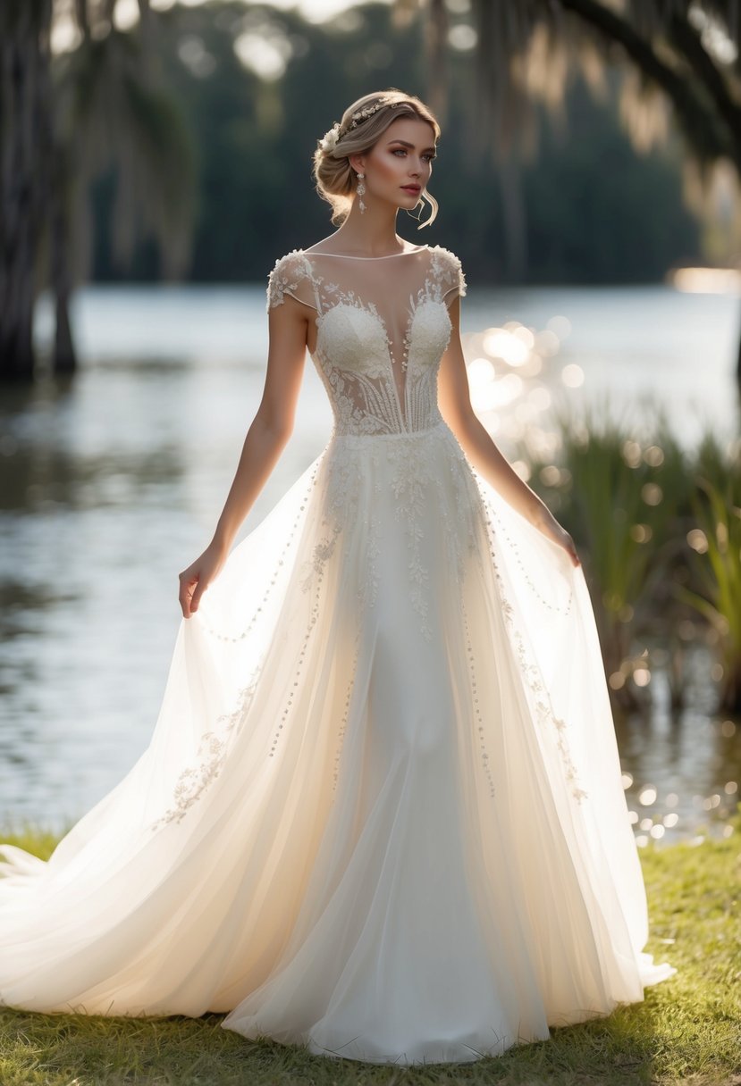 A flowing, ethereal wedding dress adorned with delicate lace, beads, and shimmering accents, inspired by the enchanting beauty of the bayou