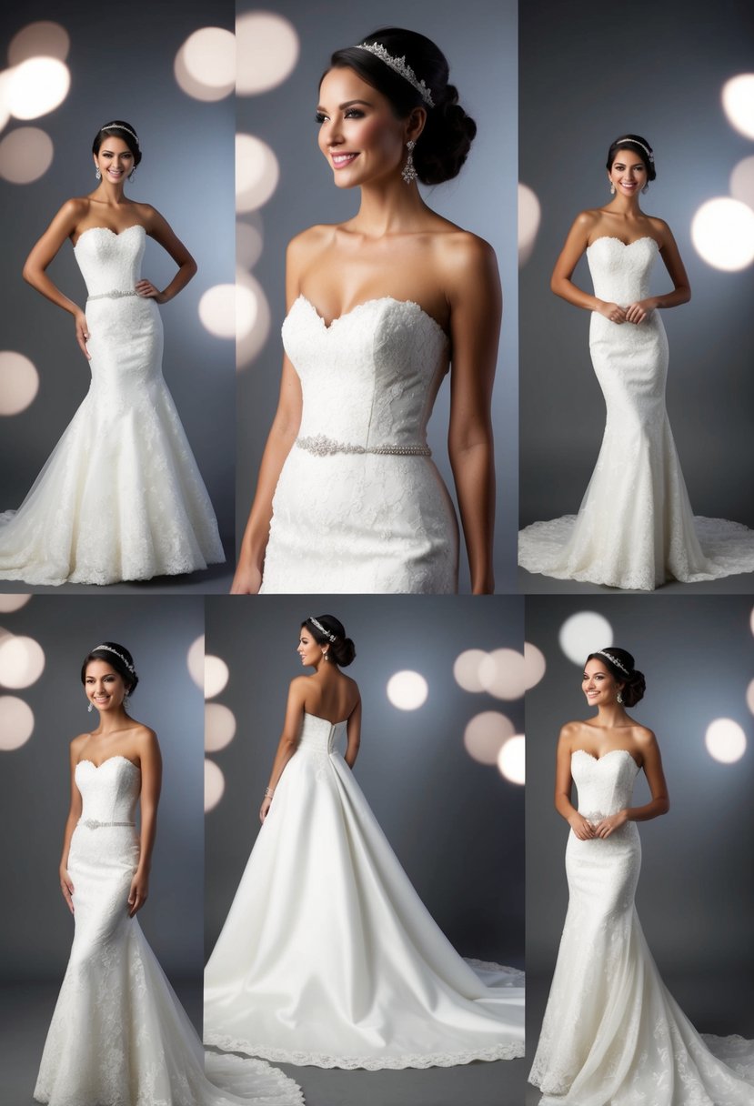 A bride in a strapless wedding dress poses in a variety of elegant silhouettes