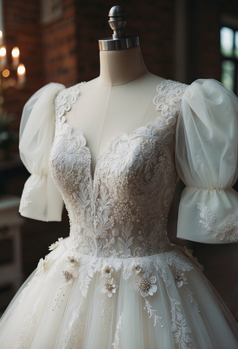 A puff-sleeved wedding dress with lace bodice and tulle skirt, adorned with delicate beading and floral appliques