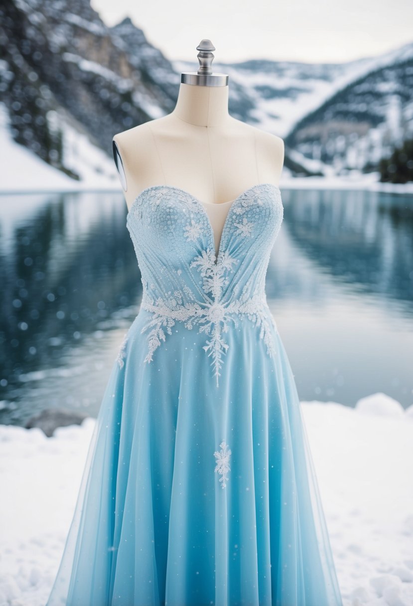 A shimmering, icy blue wedding dress with delicate snowflake details, set against a snowy backdrop with a sparkling frozen lake