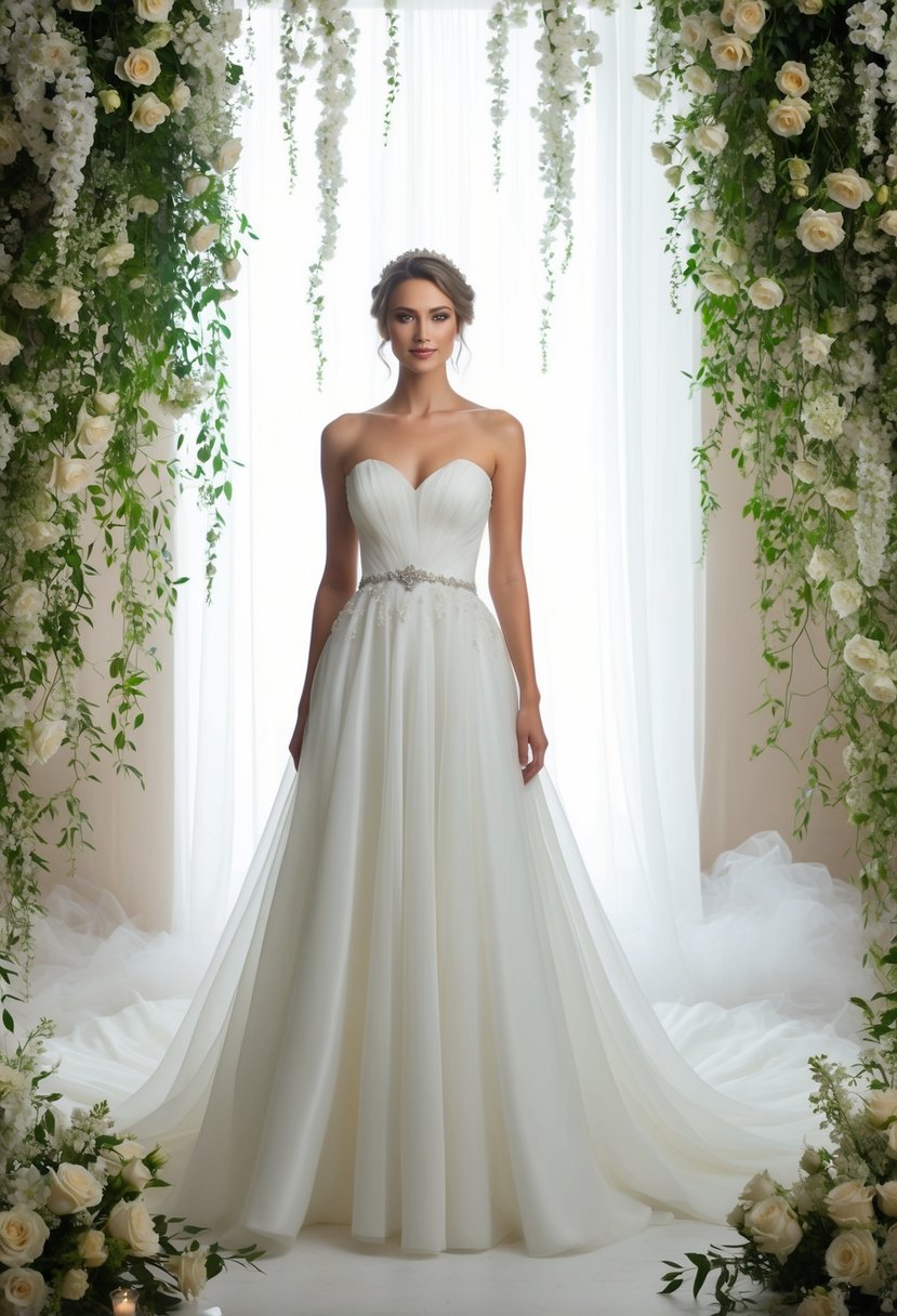 A bride in a flowing strapless wedding dress, surrounded by cascading flowers and ethereal lighting