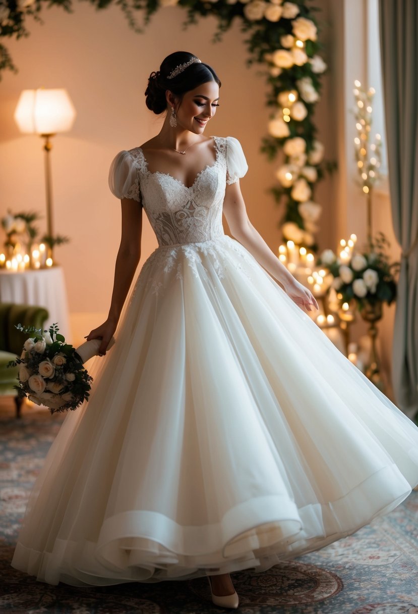 A bride twirls in a tea-length puffy wedding dress, surrounded by vintage-inspired decor and soft, romantic lighting