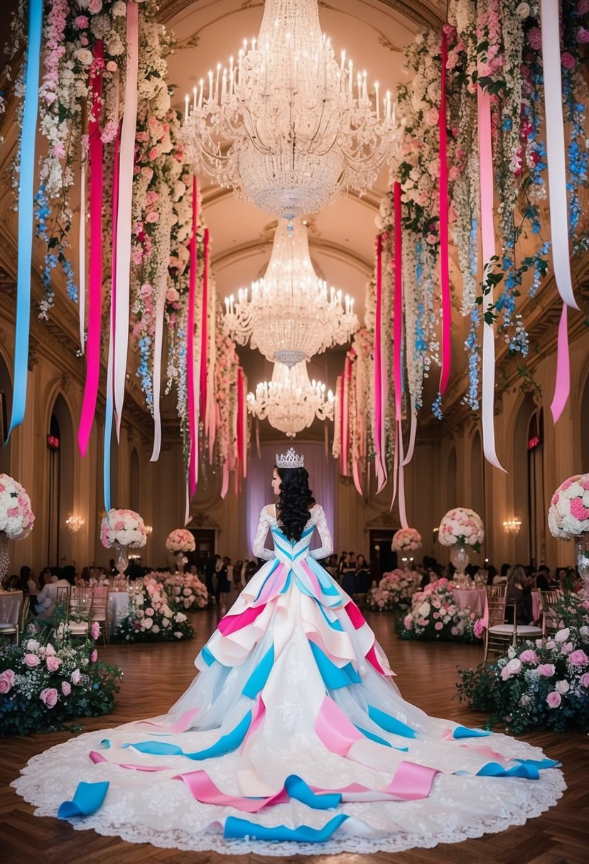 A grand ballroom filled with cascading ribbons and flowers, showcasing Anna's vibrant princess wedding dress ideas