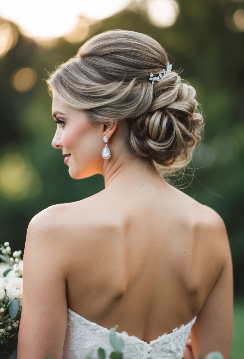 An elegant updo hairstyle complements a strapless wedding dress, adding a touch of sophistication to the bride's ensemble