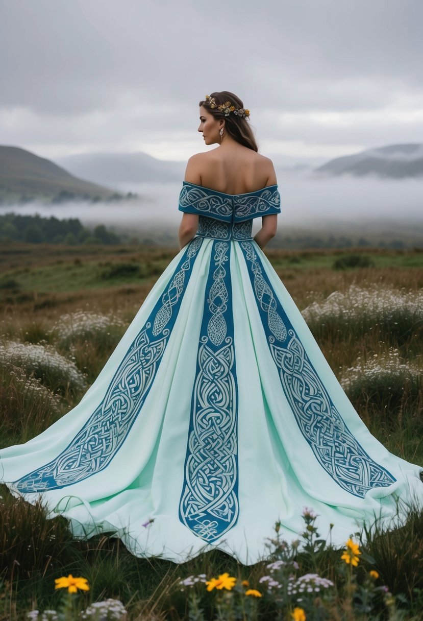 A flowing, off-the-shoulder gown adorned with intricate Celtic patterns and adorned with wildflowers, set against a backdrop of misty Scottish highlands