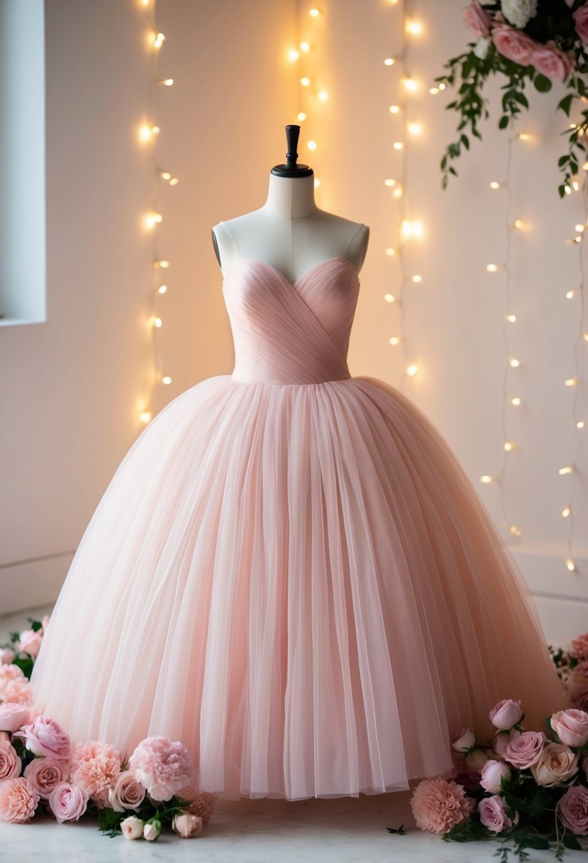 A blush-colored puffy wedding dress on a mannequin surrounded by soft pink flowers and twinkling fairy lights