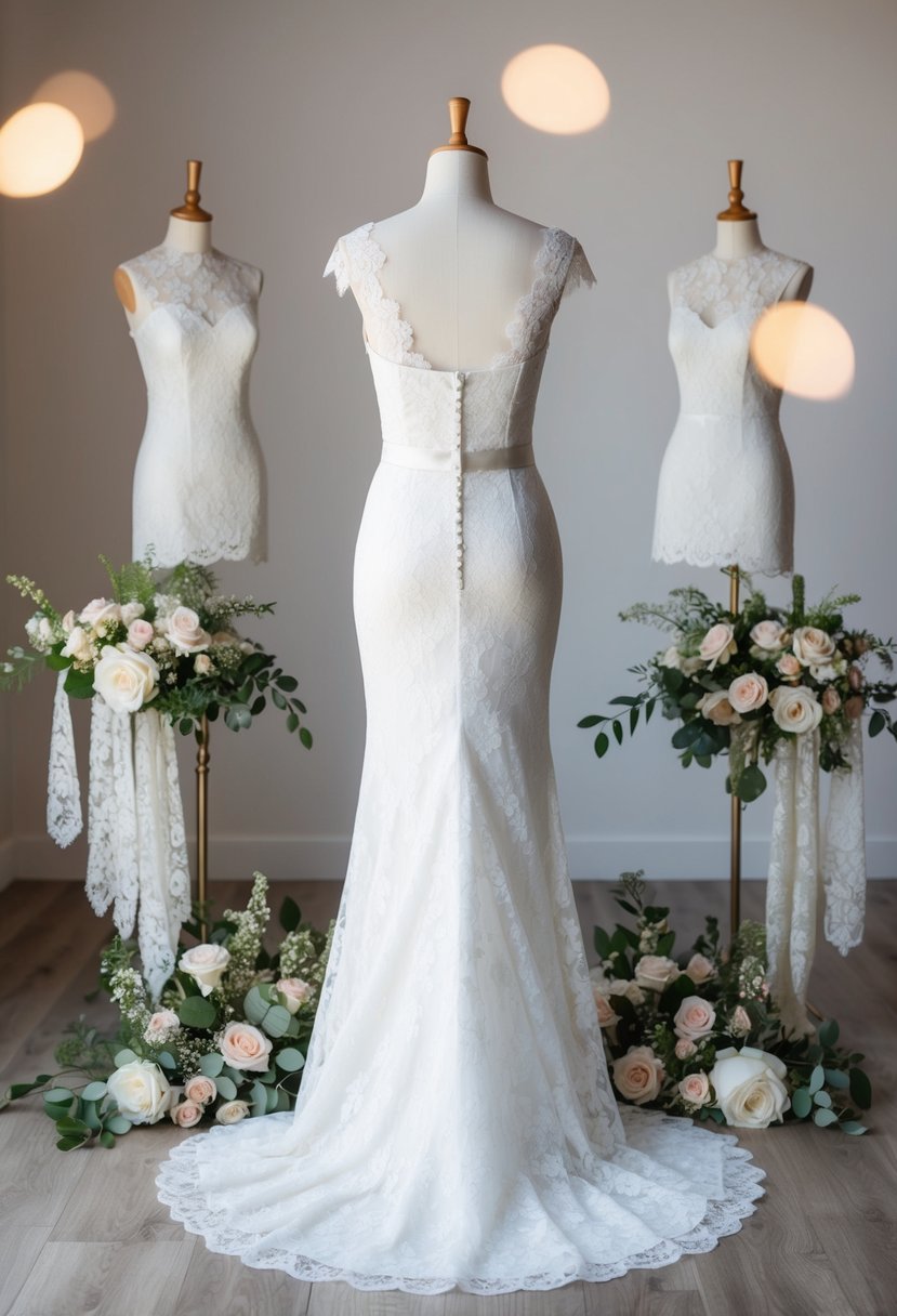 A lace sleeves strapless wedding dress displayed on a mannequin, surrounded by delicate lace accessories and floral arrangements