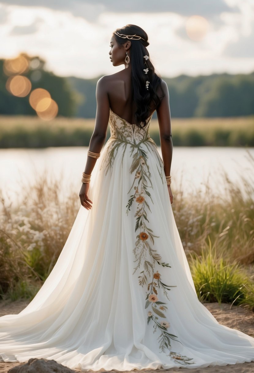 A flowing white gown adorned with nature-inspired details, like delicate floral embroidery and earthy accents, creates a regal yet natural look for Pocahontas's princess wedding dress