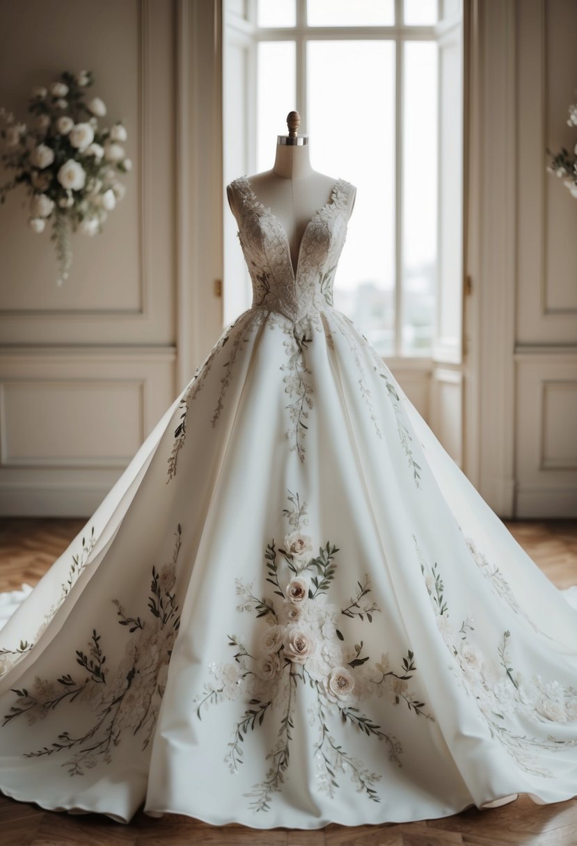 A regal, flowing wedding dress adorned with elegant floral patterns and delicate embroidery, exuding a sense of bold simplicity fit for a princess