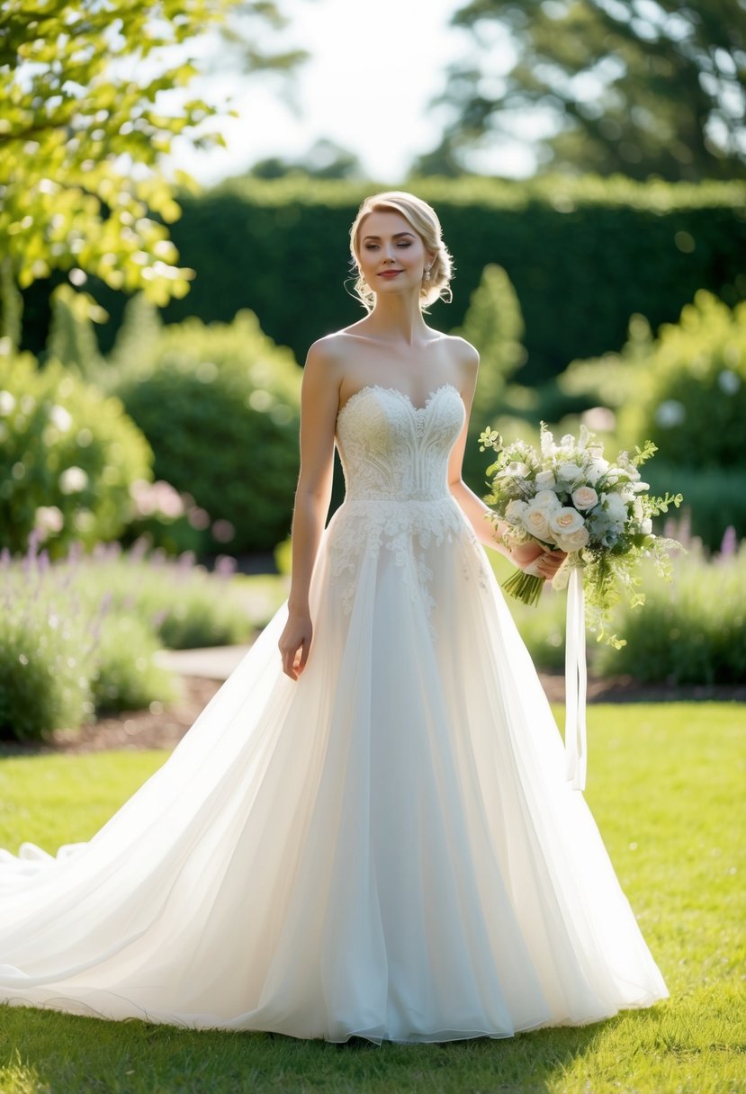 A serene bride stands in a sunlit garden, wearing a flowing strapless wedding dress adorned with intricate lace and delicate beading