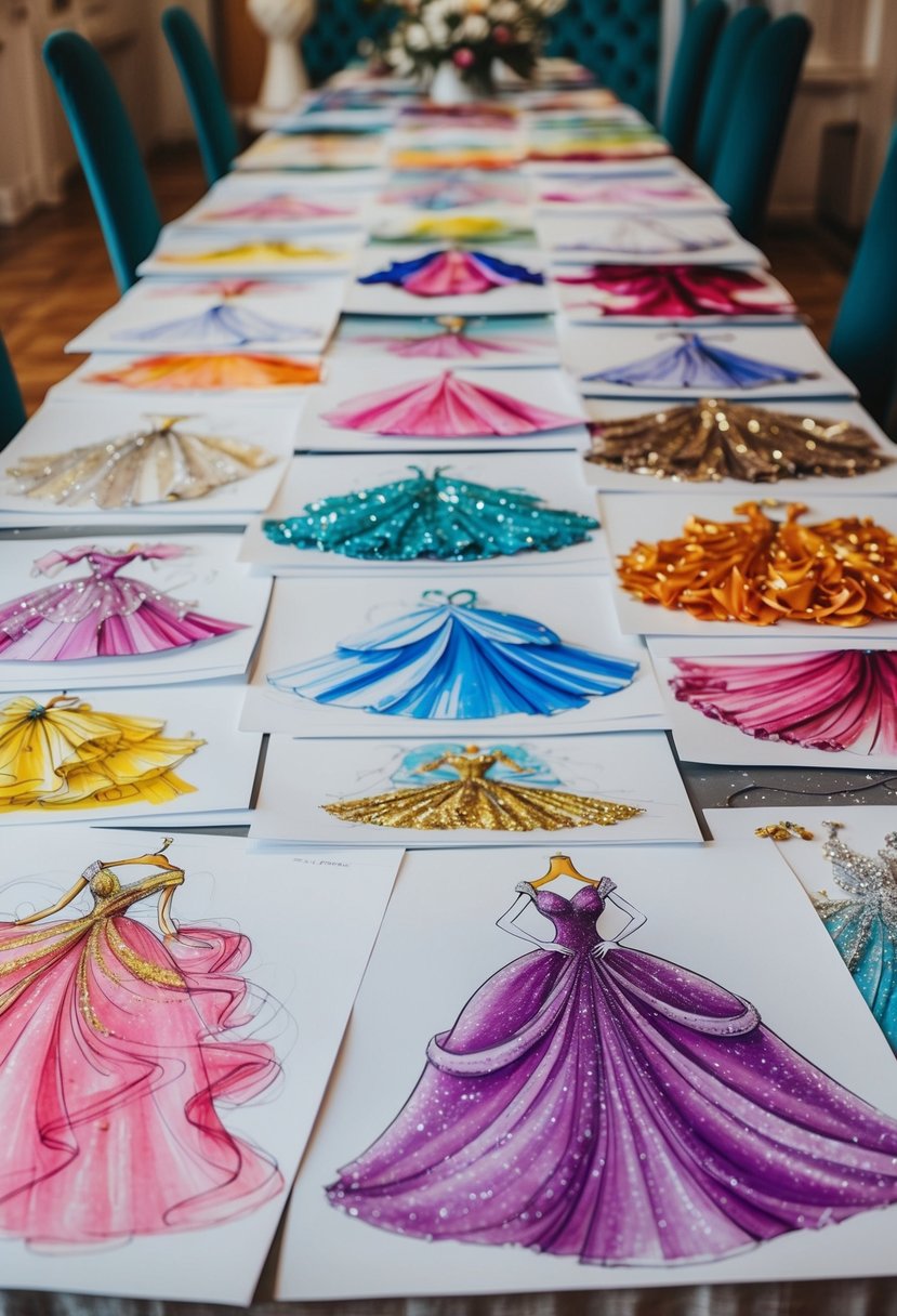 A colorful array of flowing, sparkly, and extravagant princess wedding dress sketches spread out on a table, each with unique and whimsical design details