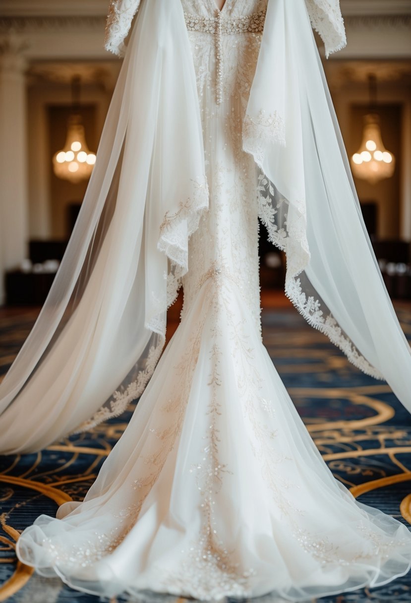 A flowing, ethereal wedding gown with delicate lace and intricate beading, cascading in soft folds around a grand ballroom