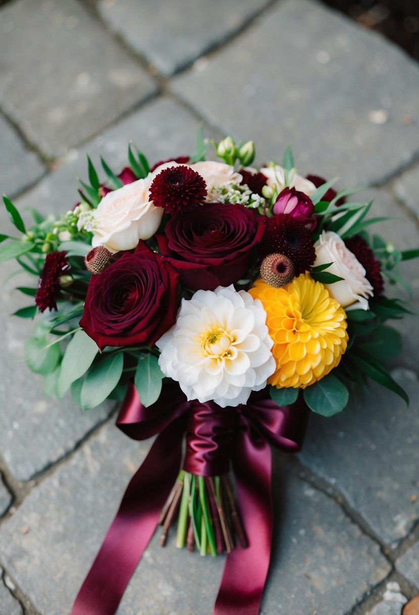 A maroon wedding bouquet with roses, ranunculus, and dahlias tied with satin ribbon